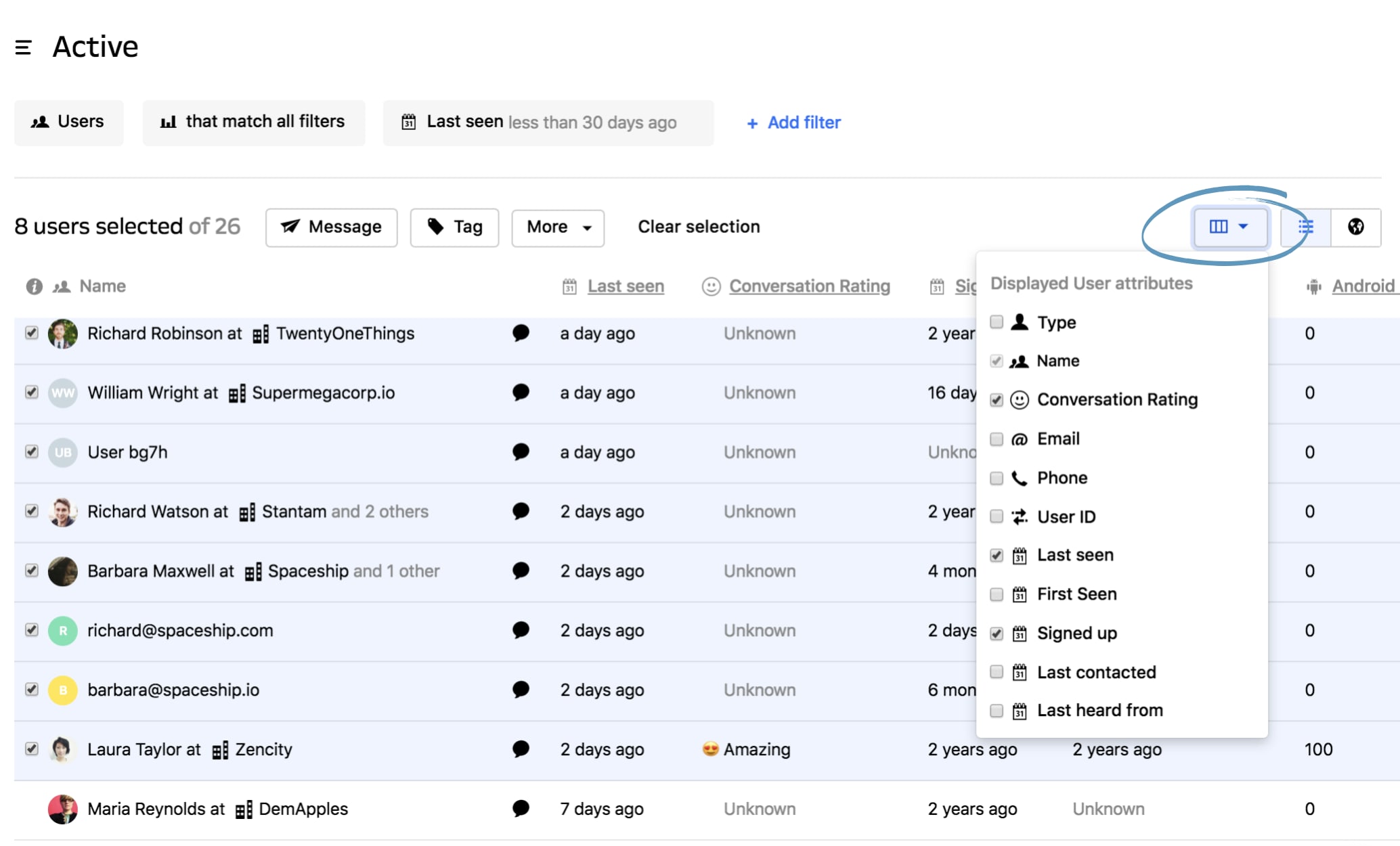 Displayed User Attributes